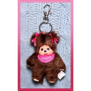 4" Sekiguchi Monchhichi Girl Pink Bib Monkey Plush Doll Keychain Charm Mascot